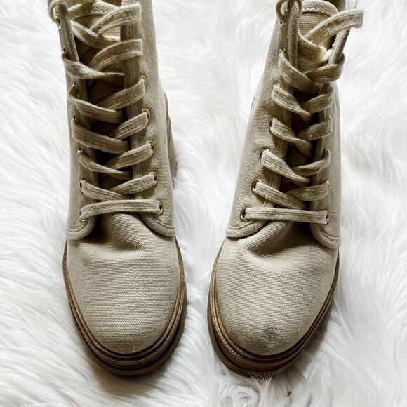 Boo Hoo Chunky Lace Up Canvas Boots Tan Cream Size 7 - Picture 3 of 7